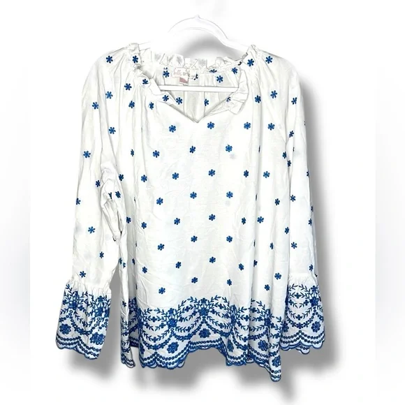 Belle Kim Gravel Floral Embroidered Eyelet Ruffled Neck Blouse size xl - Picture 2 of 16